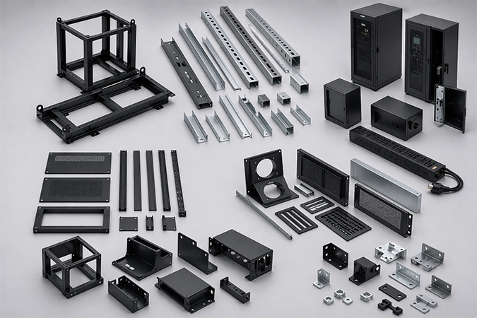 Precision metal components for data center infrastructure including structural frames, rack components, electrical enclosures, cooling panels, rails, brackets, and attachment hardware manufactured by Pennant