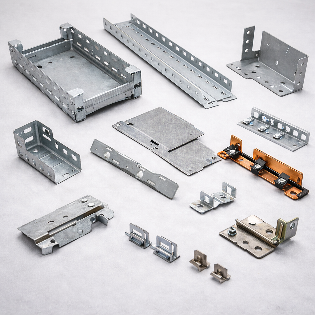 Stamped, roll formed, and fabricated metal components used in battery energy storage systems and electrical grid infrastructure assemblies