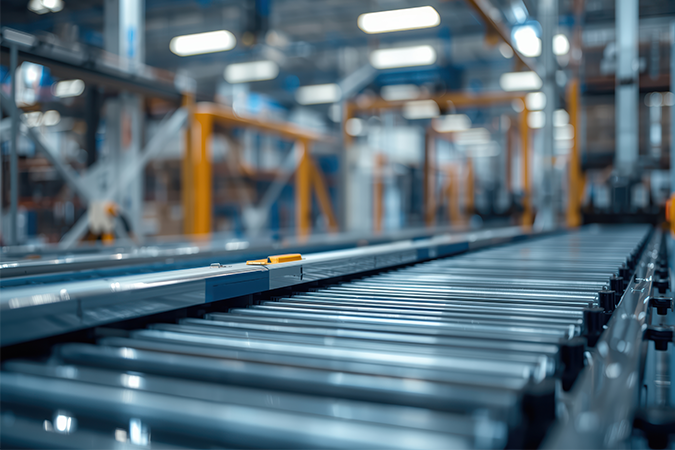 Low-angle view of an industrial roller conveyor inside a manufacturing facility used for automated material handling