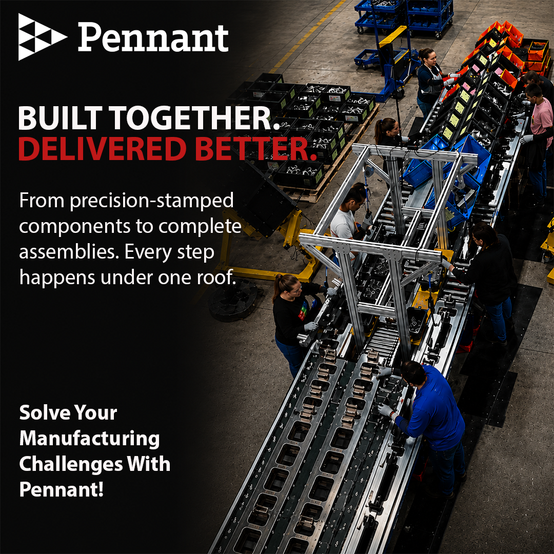 Manufacturing assembly line with workers assembling precision-stamped metal components into finished products at Pennant facility