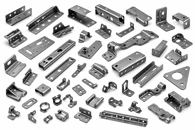 Assortment of stamped and formed automotive metal components including brackets, channels, reinforcements, and mounting hardware