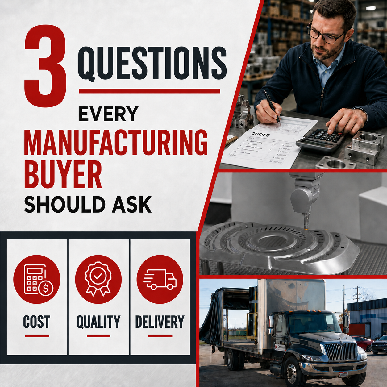 Three questions every manufacturing buyer should ask about cost, quality, and delivery, illustrated with manufacturing inspection, quoting, and Pennant delivery images.