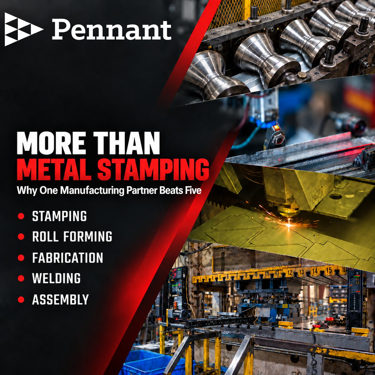 Pennant metal manufacturing capabilities including metal stamping, roll forming, fabrication, welding and assembly.